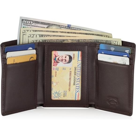 Men's Leather Trifold Wallet with Airtag Holder and RFID Blocking - Picture 3 of 8